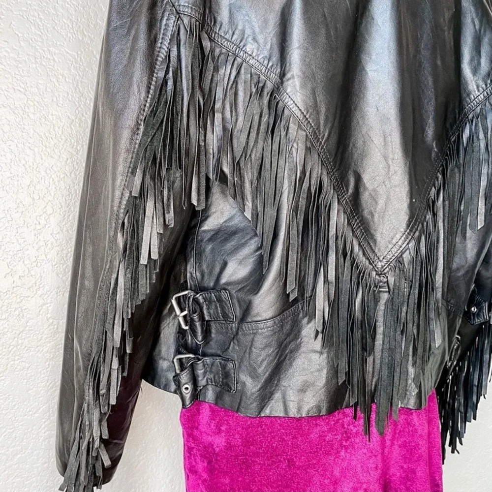 CHIA Fringe Leather Moto Biker Jacket With Buckles Size M - Picture 3 of 3